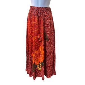 Farm For Anthropologie Farm Rio Floral Red Print Tassels Tie Midi Skirt Size XXS